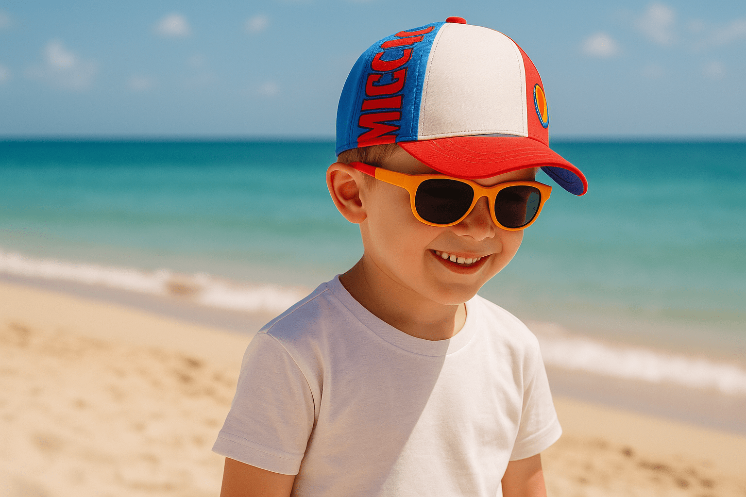Niño en la playa con gorra y gafas de sol
