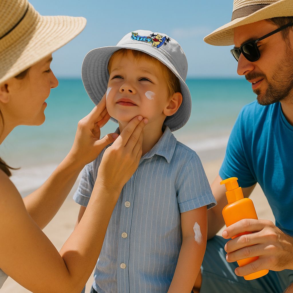 Familia aplicando crema solar al niño en la playa