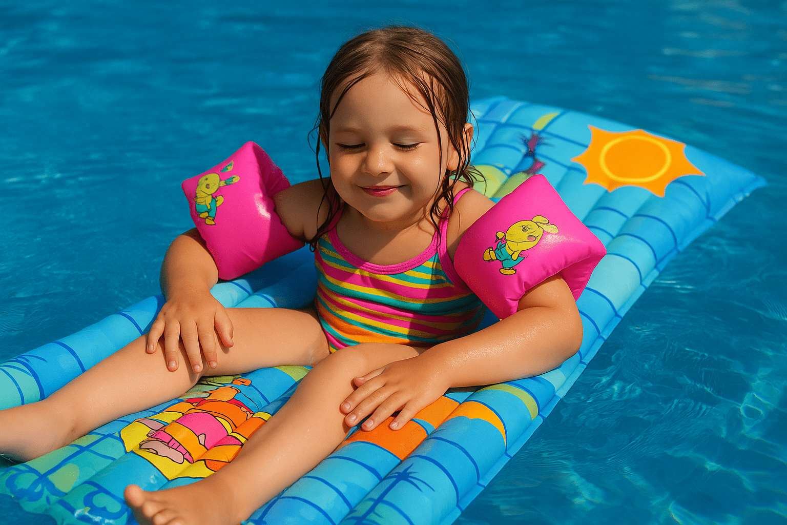 nina piscina colchoneta y manguitos