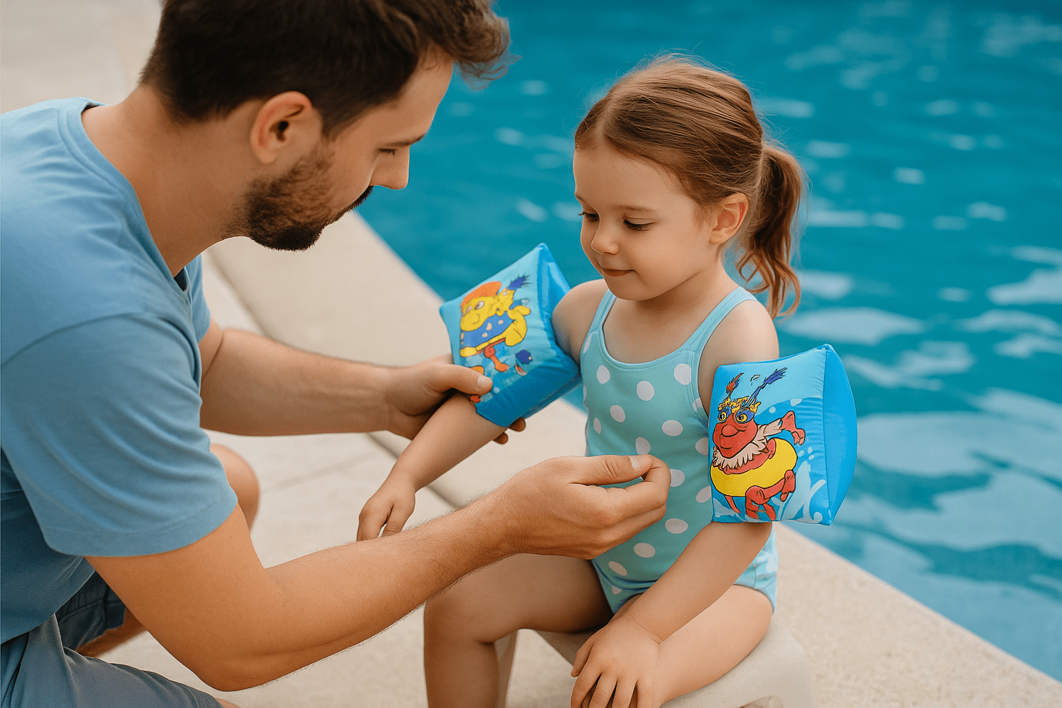 nina y padre jugando con manguitos pisicna