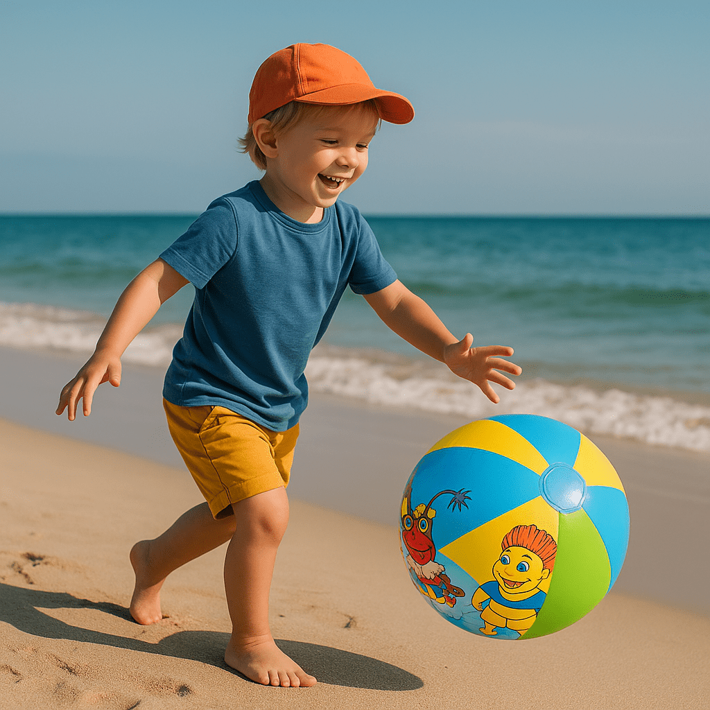 nino jugando en la playa con pelota hinchable