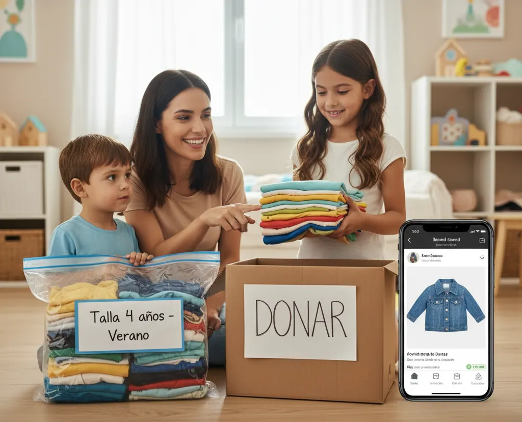 Madre con sus hijos haciendo el cambio de ropa de temporada - Consejos
